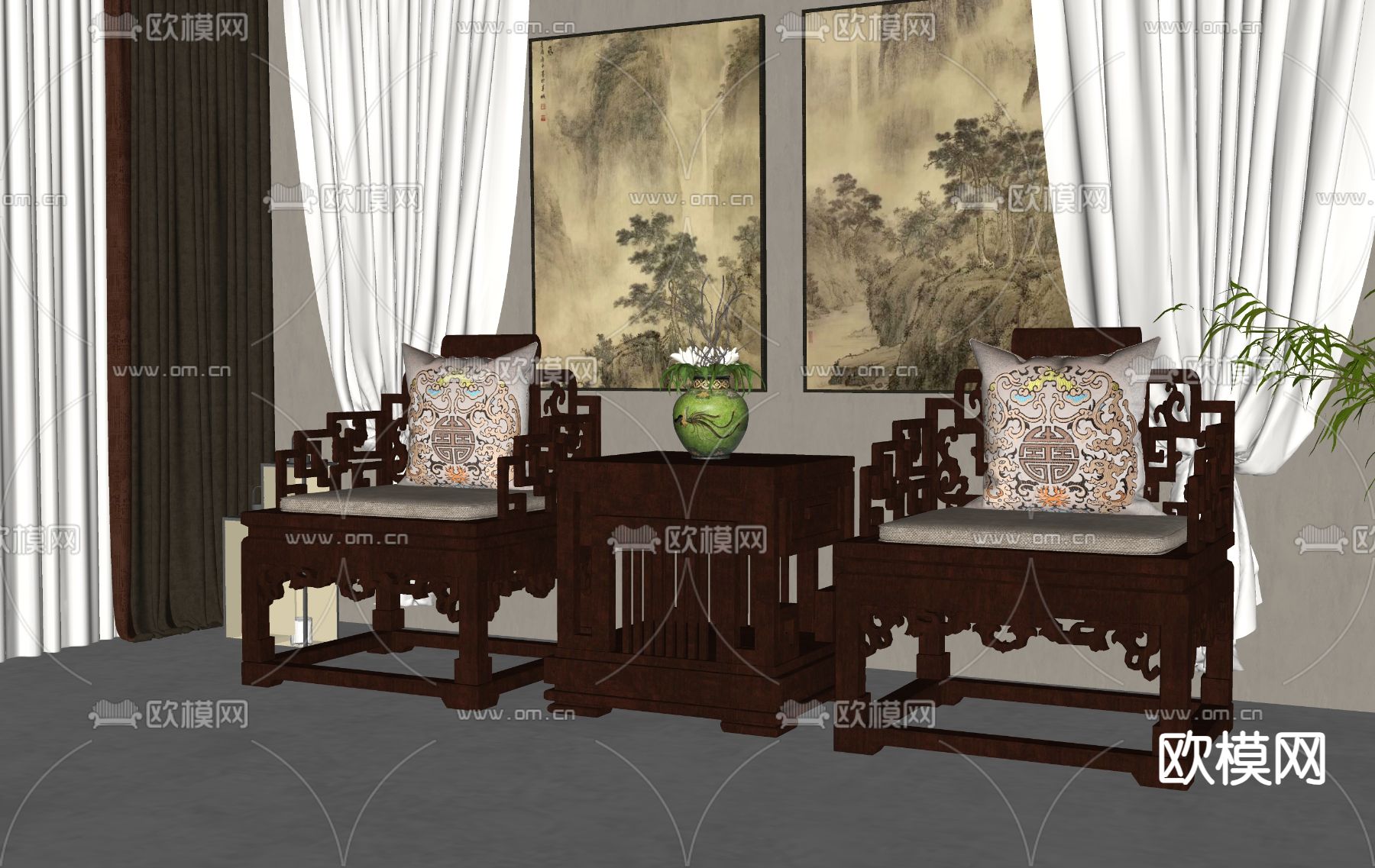 中式单人沙发su模型下载（渲染图2）