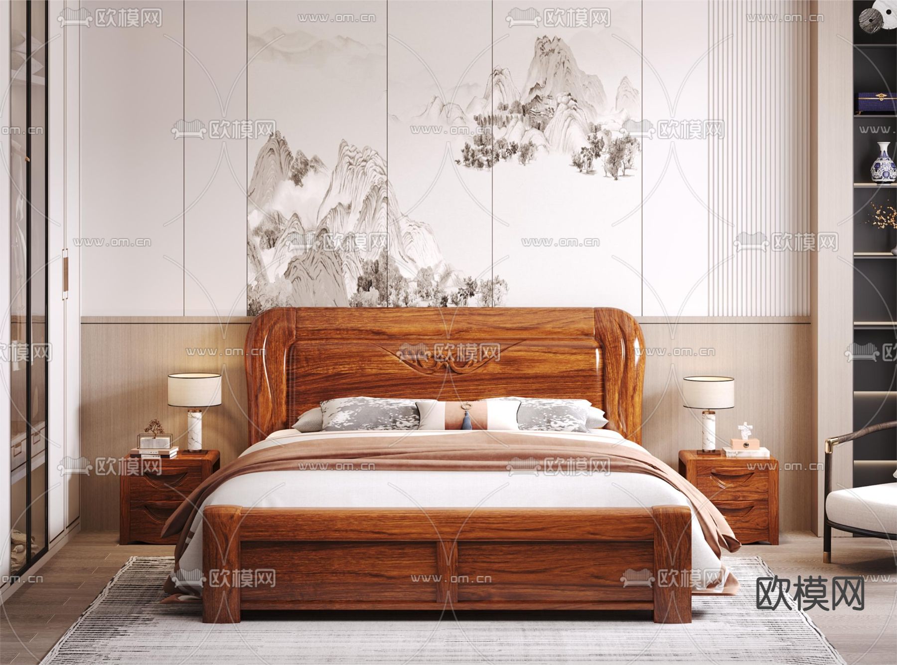 新中式双人床 实木床3d模型下载