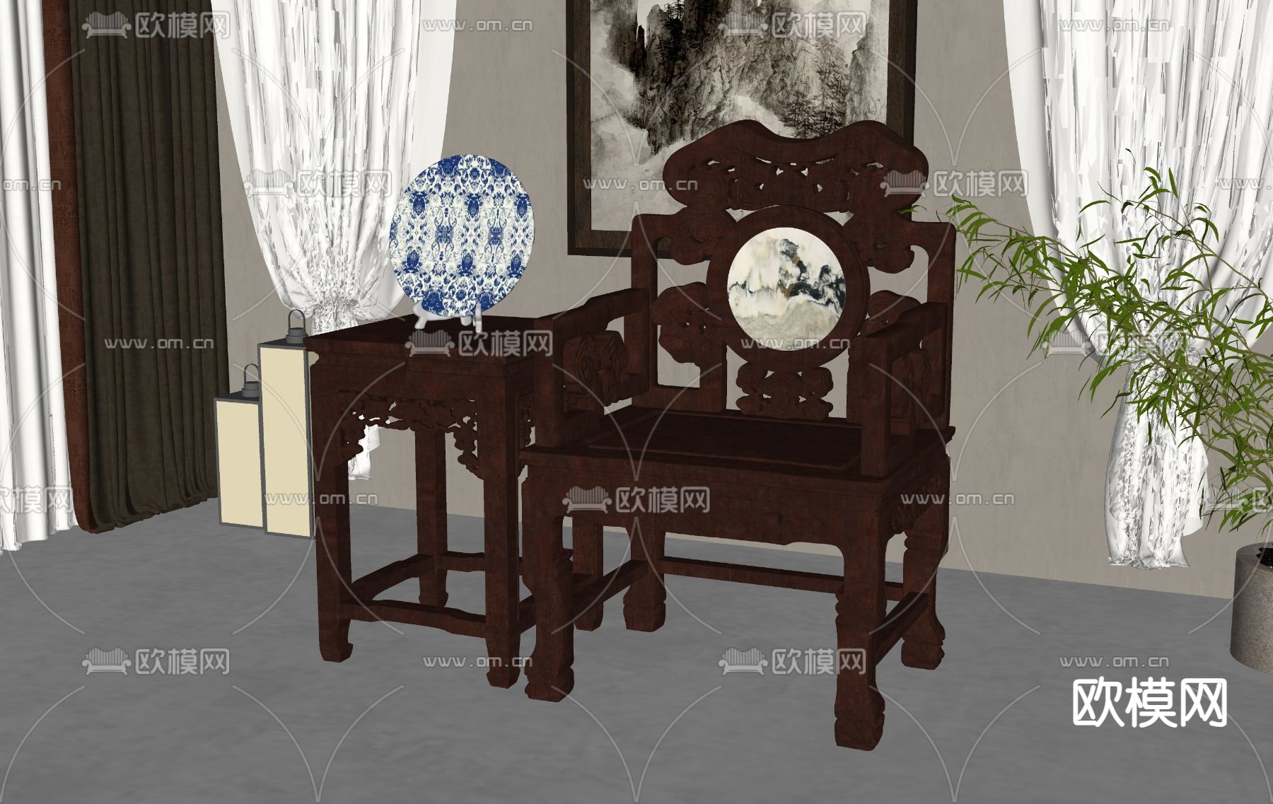 中式休闲椅su模型下载（渲染图2）