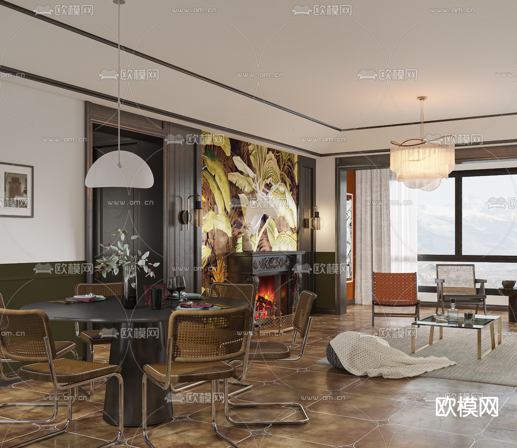 美式客餐厅su模型下载（渲染图1）