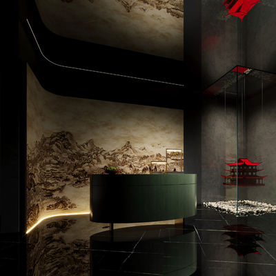  新中式酒店前台su模型 