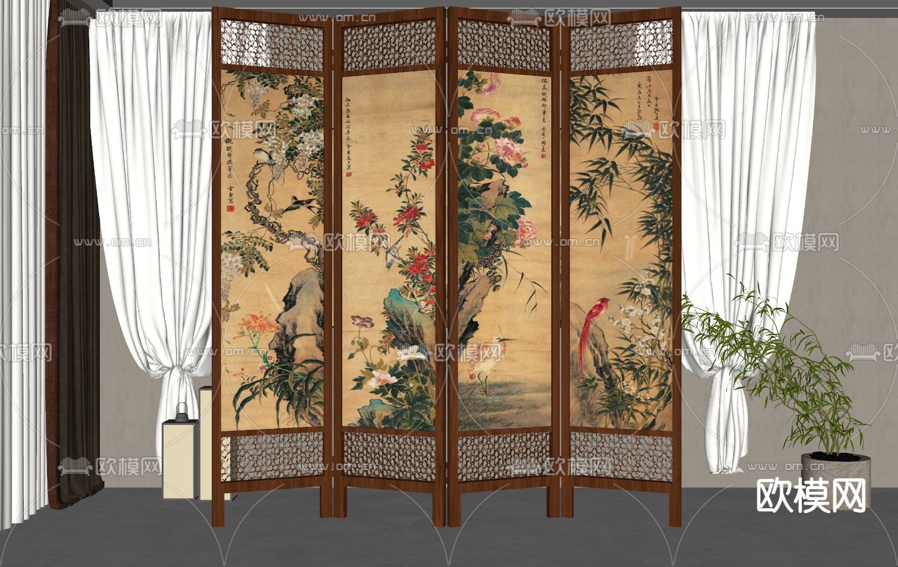 中式屏风 隔断su模型下载（渲染图2）