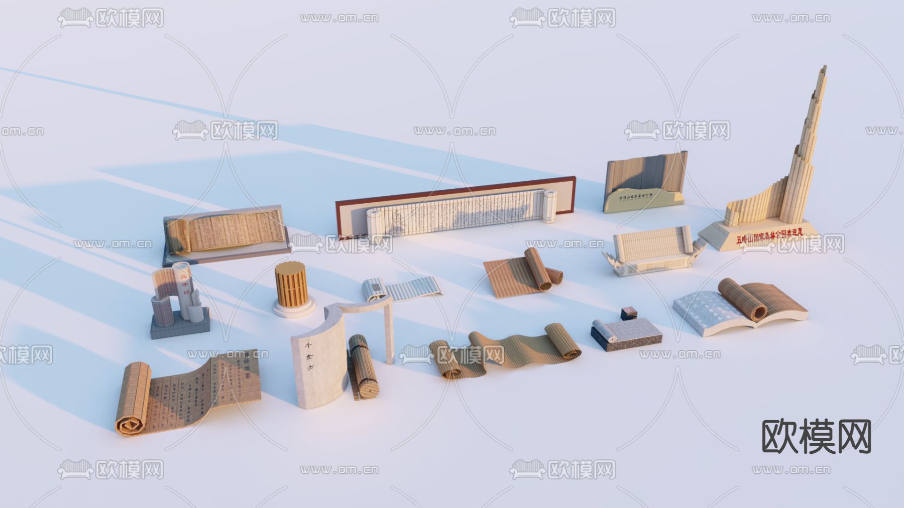 中式文化雕塑 竹简雕塑su模型下载（渲染图1）