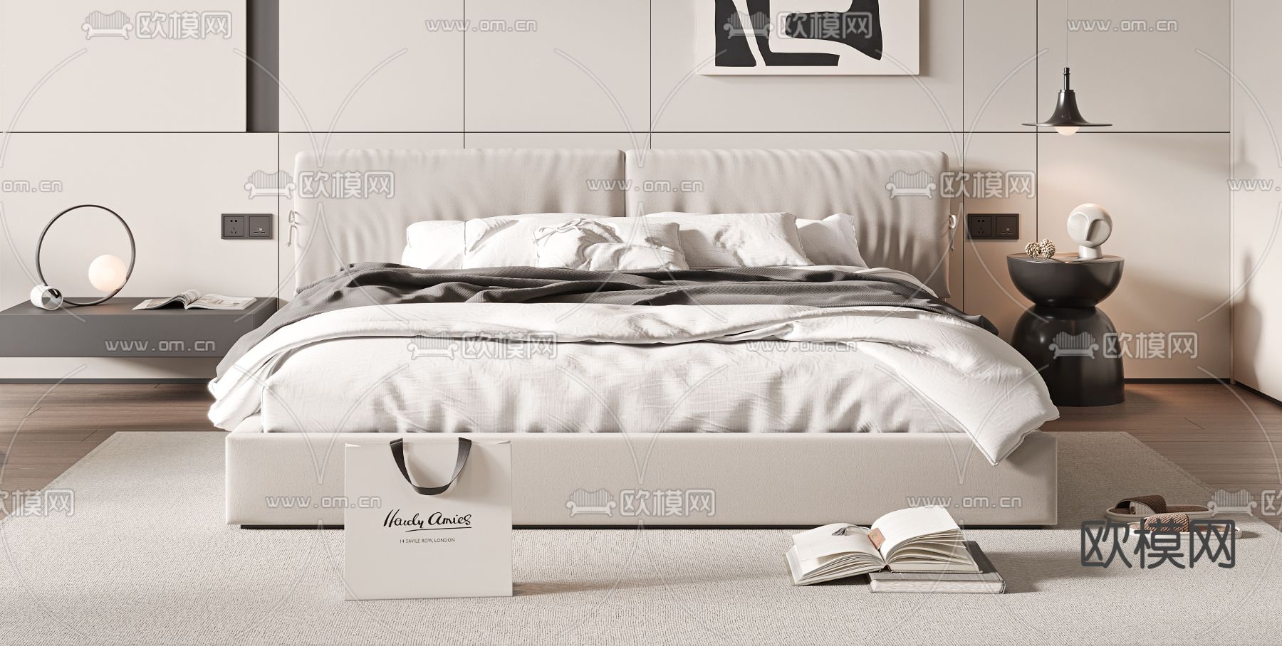 现代双人床su模型下载（渲染图1）