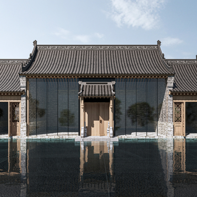  新中式古建 民宿外观su模型 