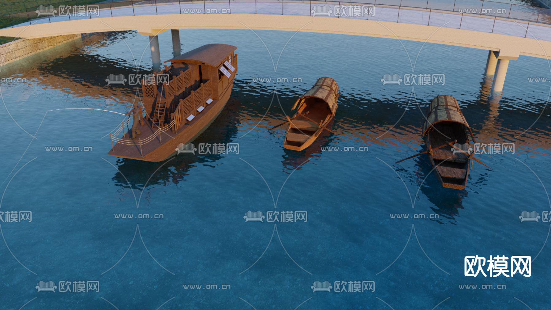 中式船 游船 手摇船 乌篷船su模型下载（渲染图1）