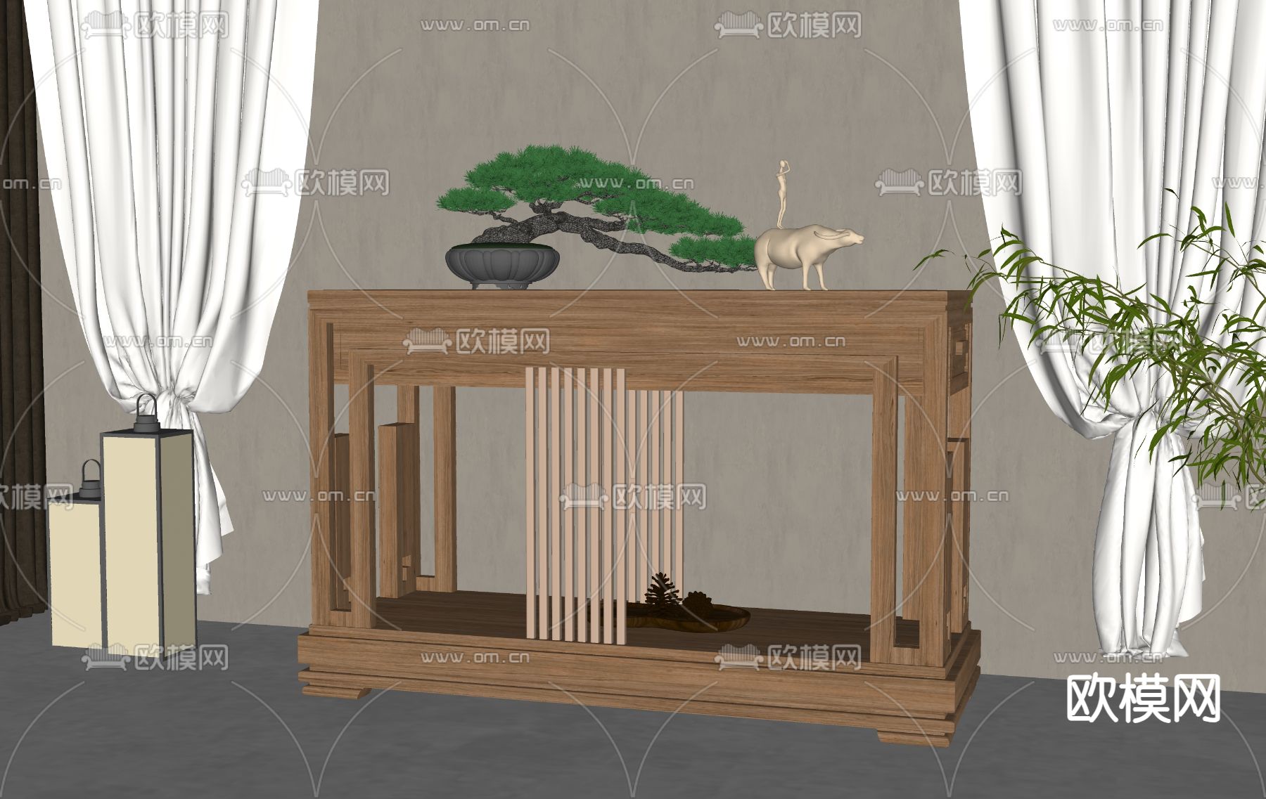 新中式端景台su模型下载（渲染图2）
