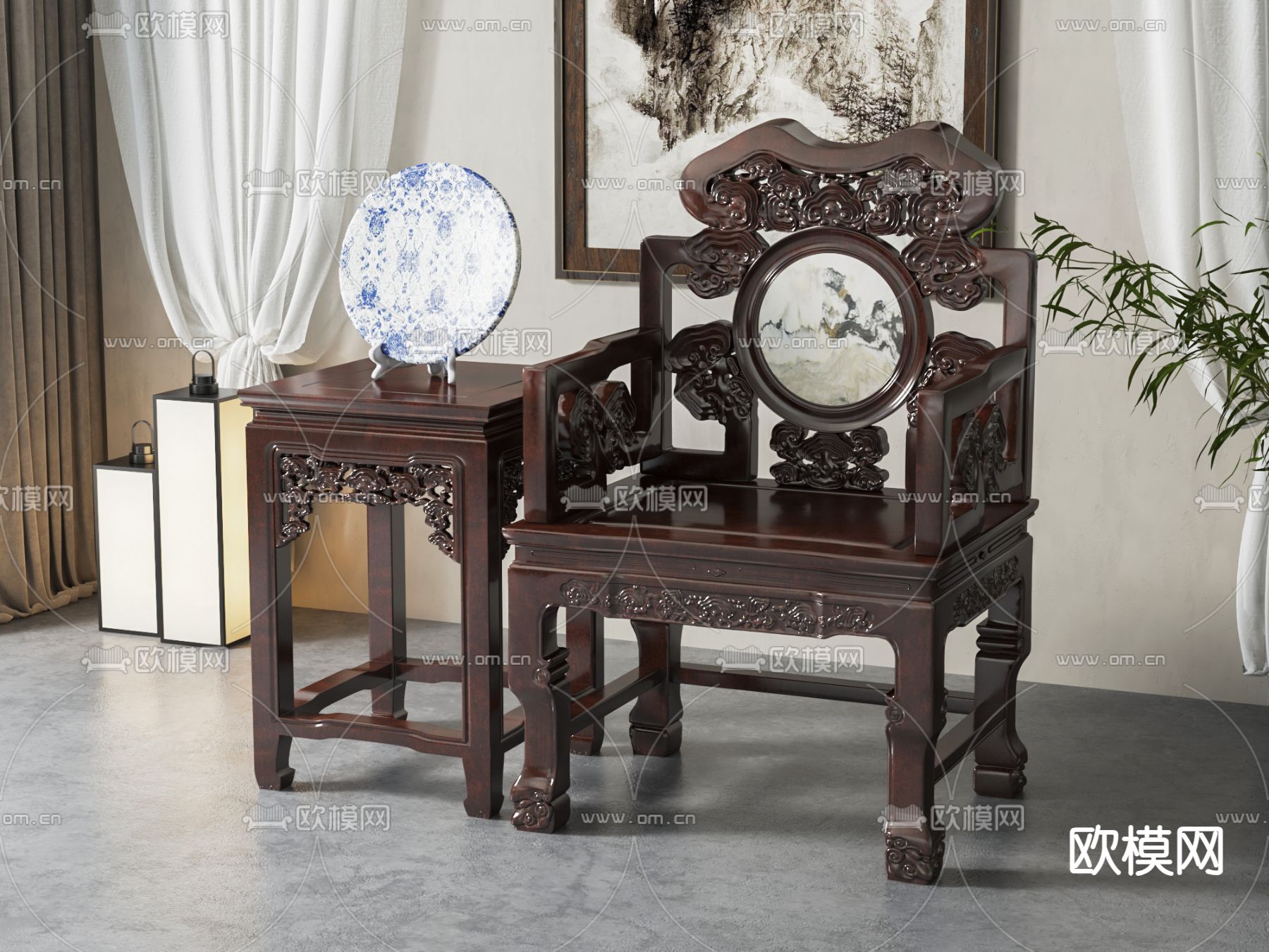 中式休闲椅su模型下载（渲染图1）