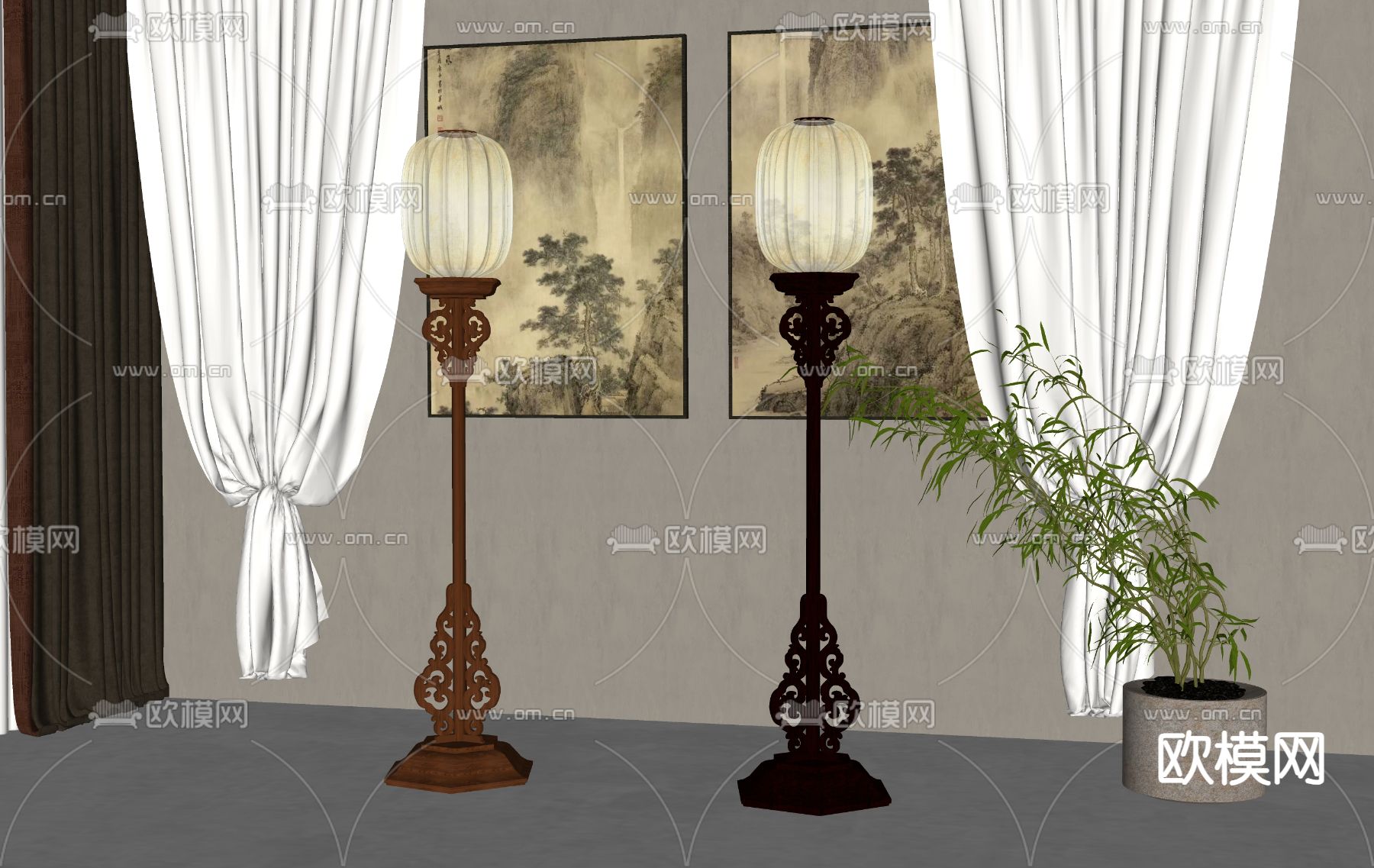 中式落地灯su模型下载（渲染图2）