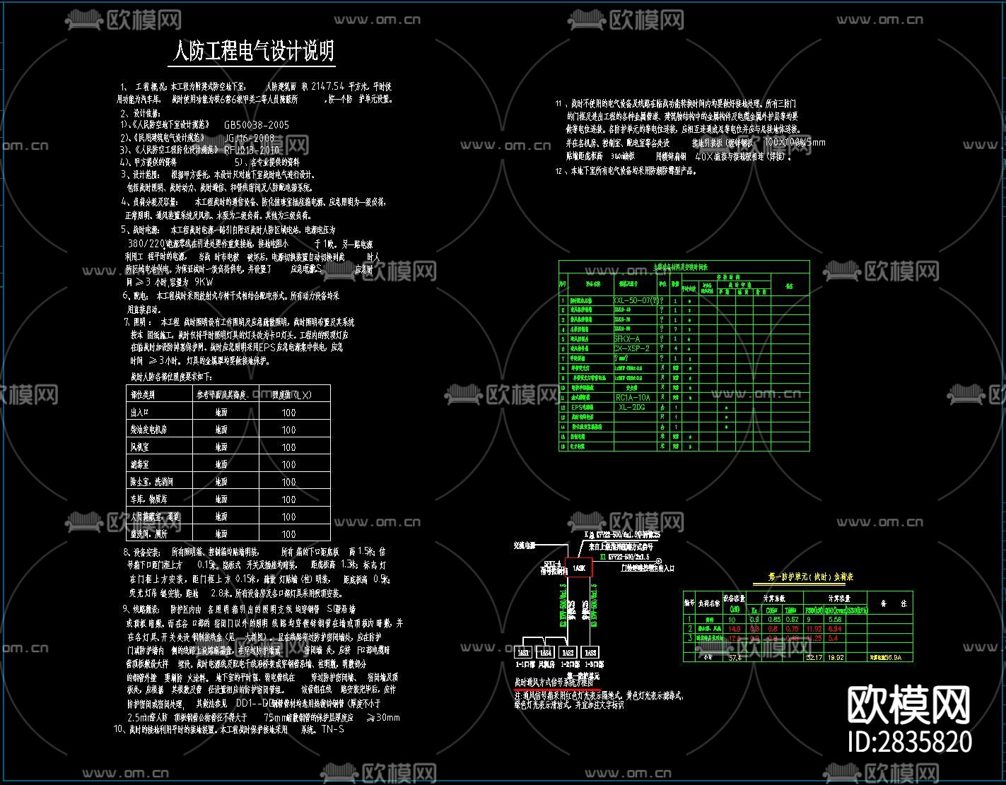 地下室人防工程水电风cad施工图下载（渲染图1）