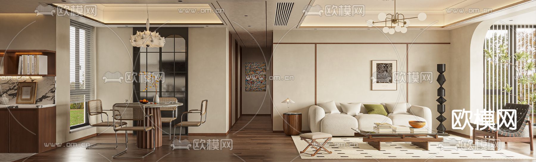 中古风客餐厅su模型下载（渲染图3）