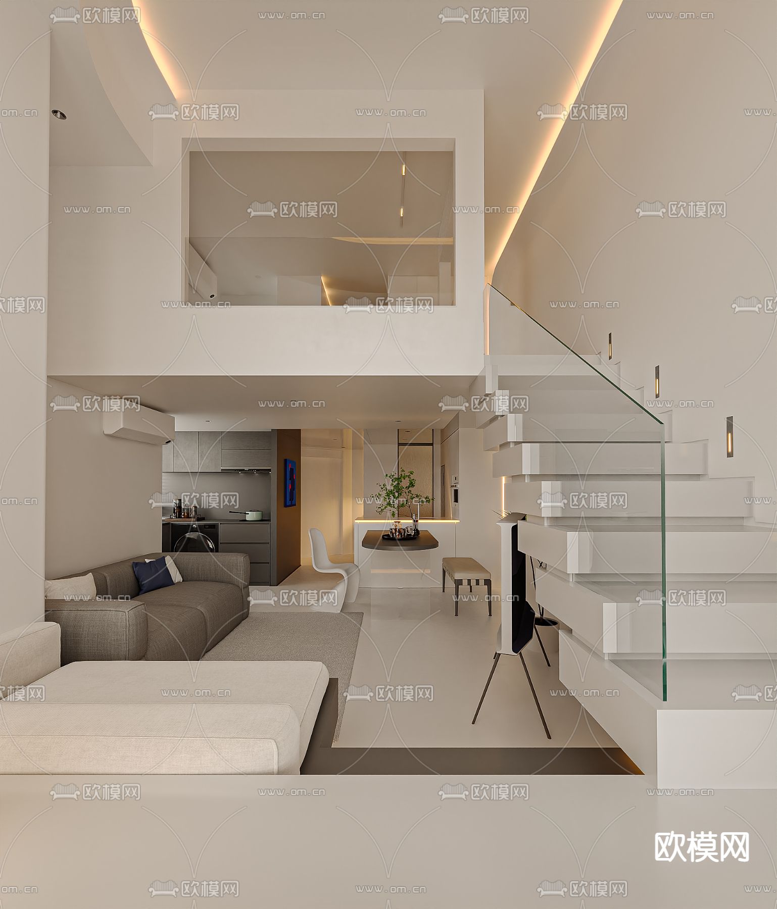 奶油风LOFT公寓su模型下载（渲染图1）