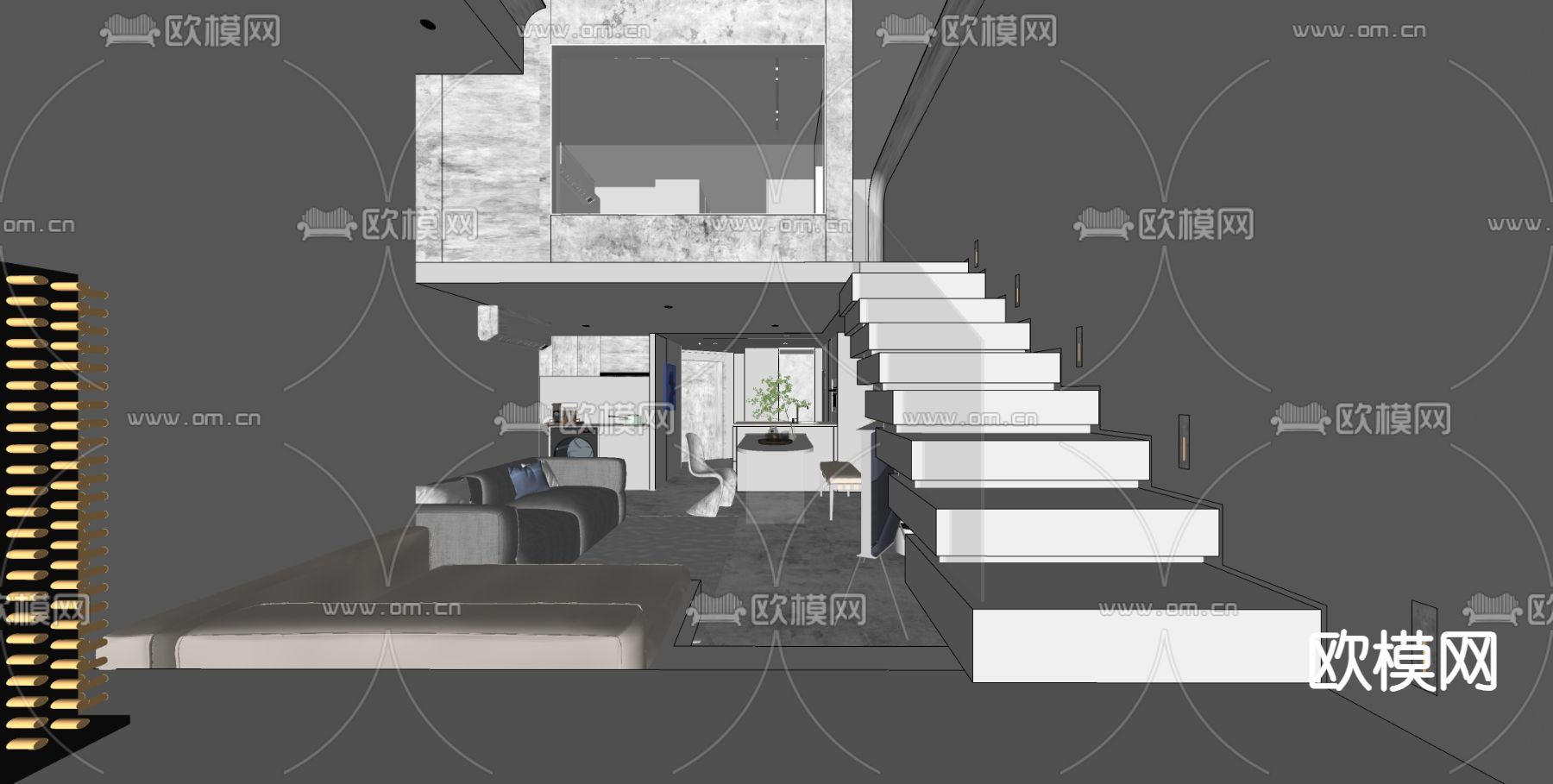 奶油风LOFT公寓su模型下载（渲染图3）