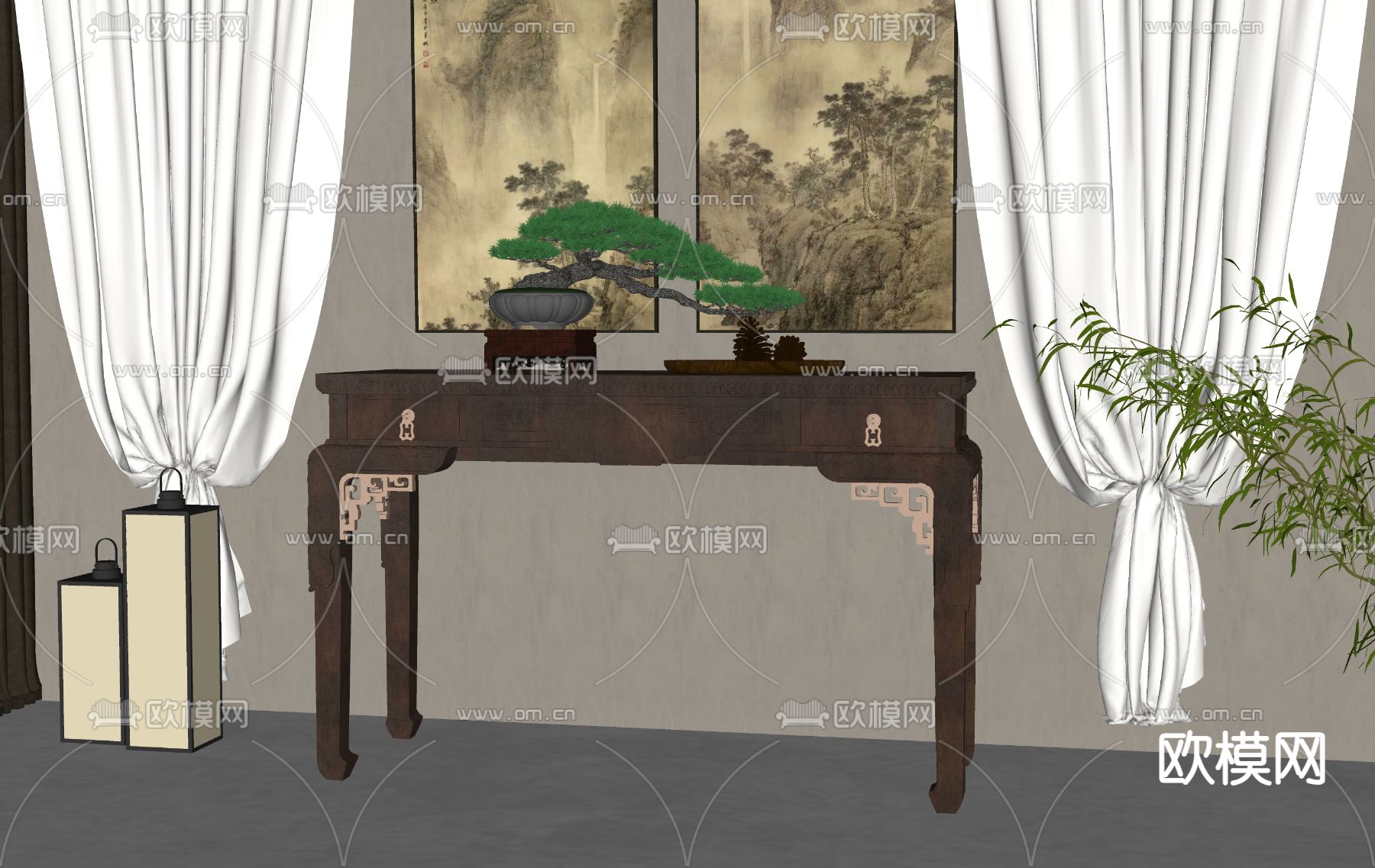 中式雕花玄关台su模型下载（渲染图2）