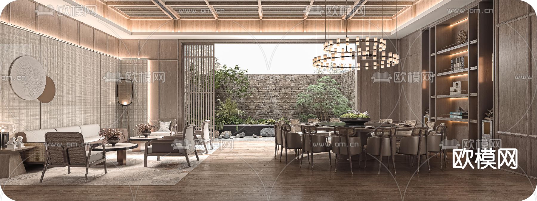 新中式餐厅包厢 包间su模型下载（渲染图1）