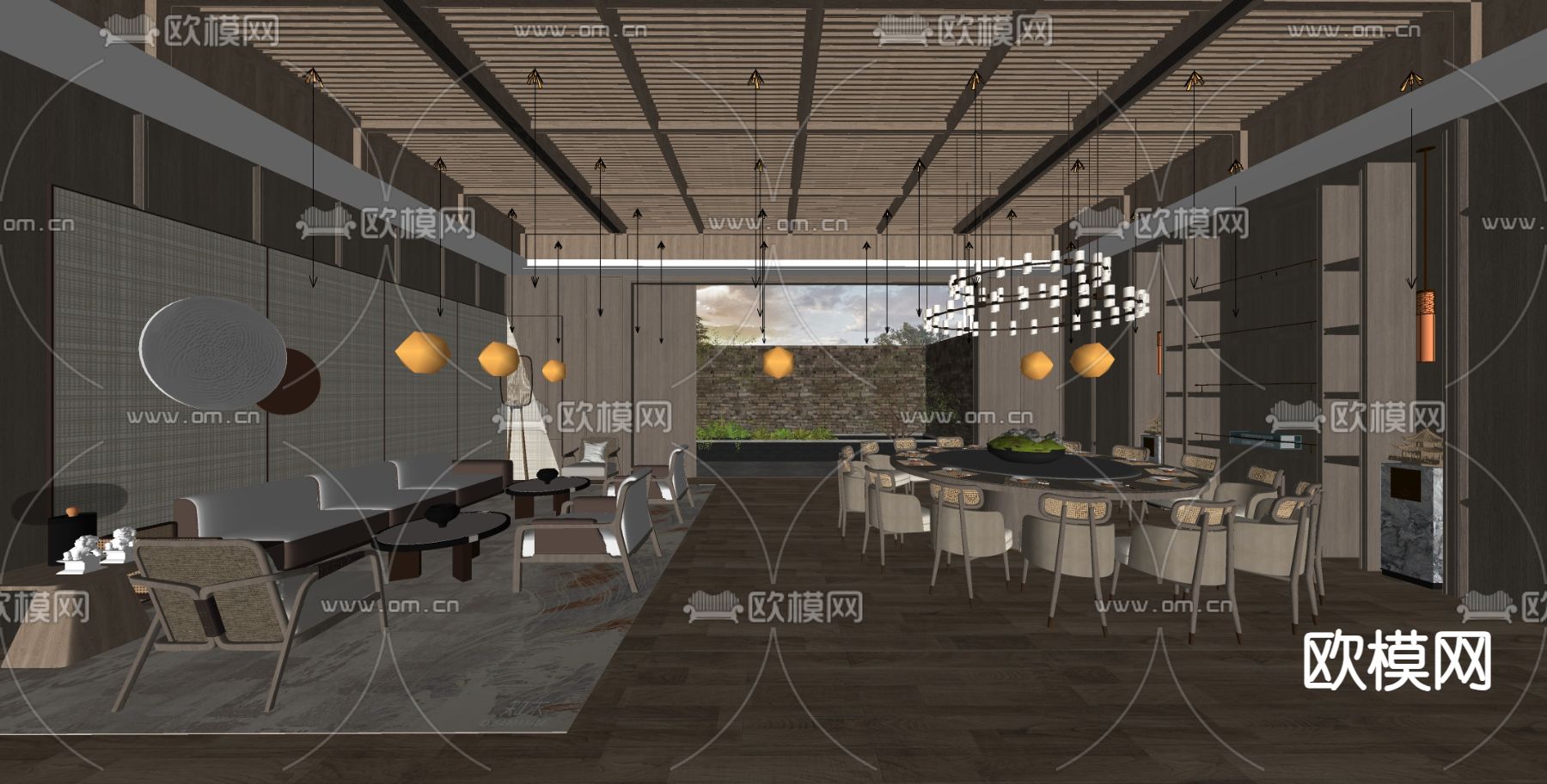 新中式餐厅包厢 包间su模型下载（渲染图2）