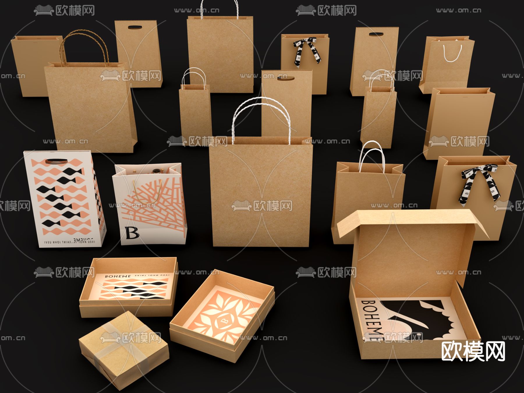 现代手提袋 纸盒 牛皮纸su模型下载（渲染图1）