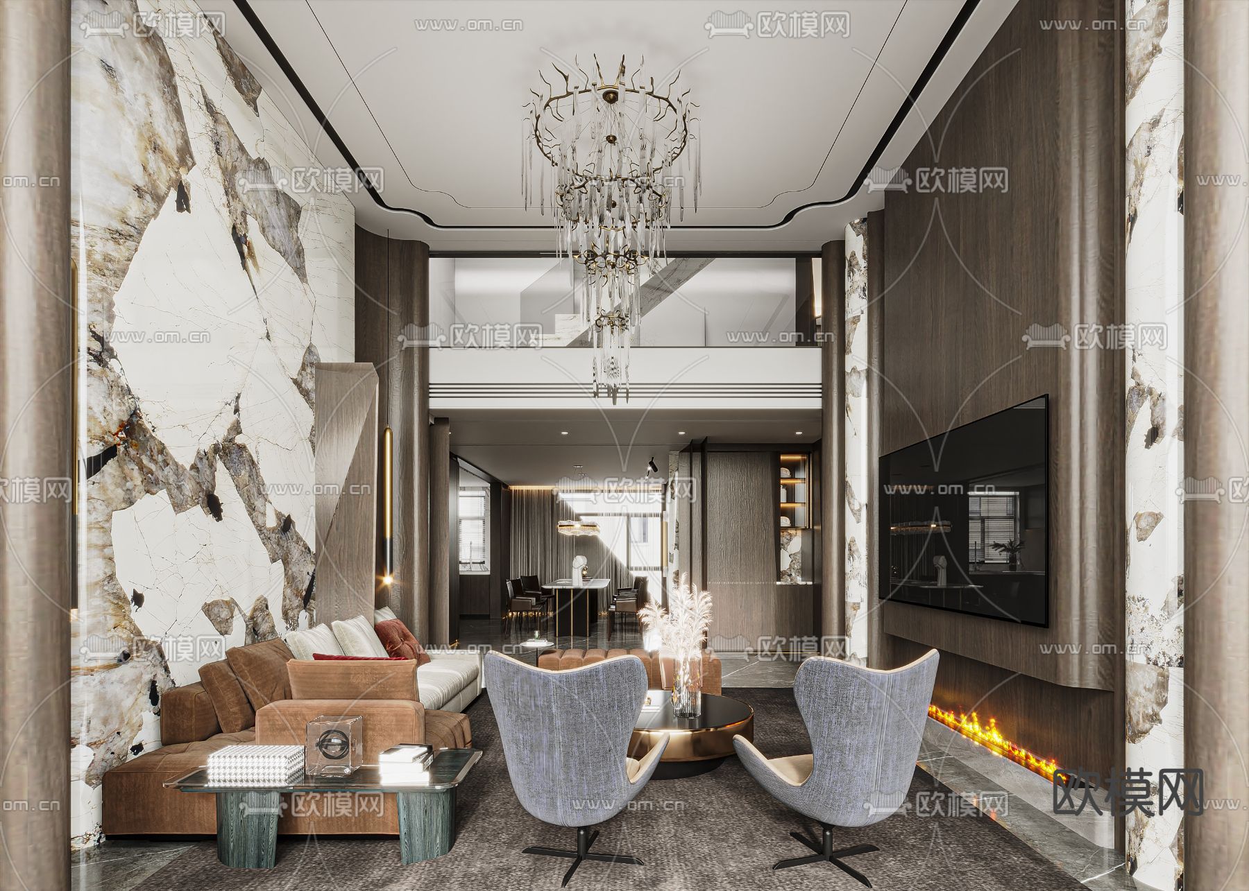 现代别墅客餐厅su模型下载（渲染图4）