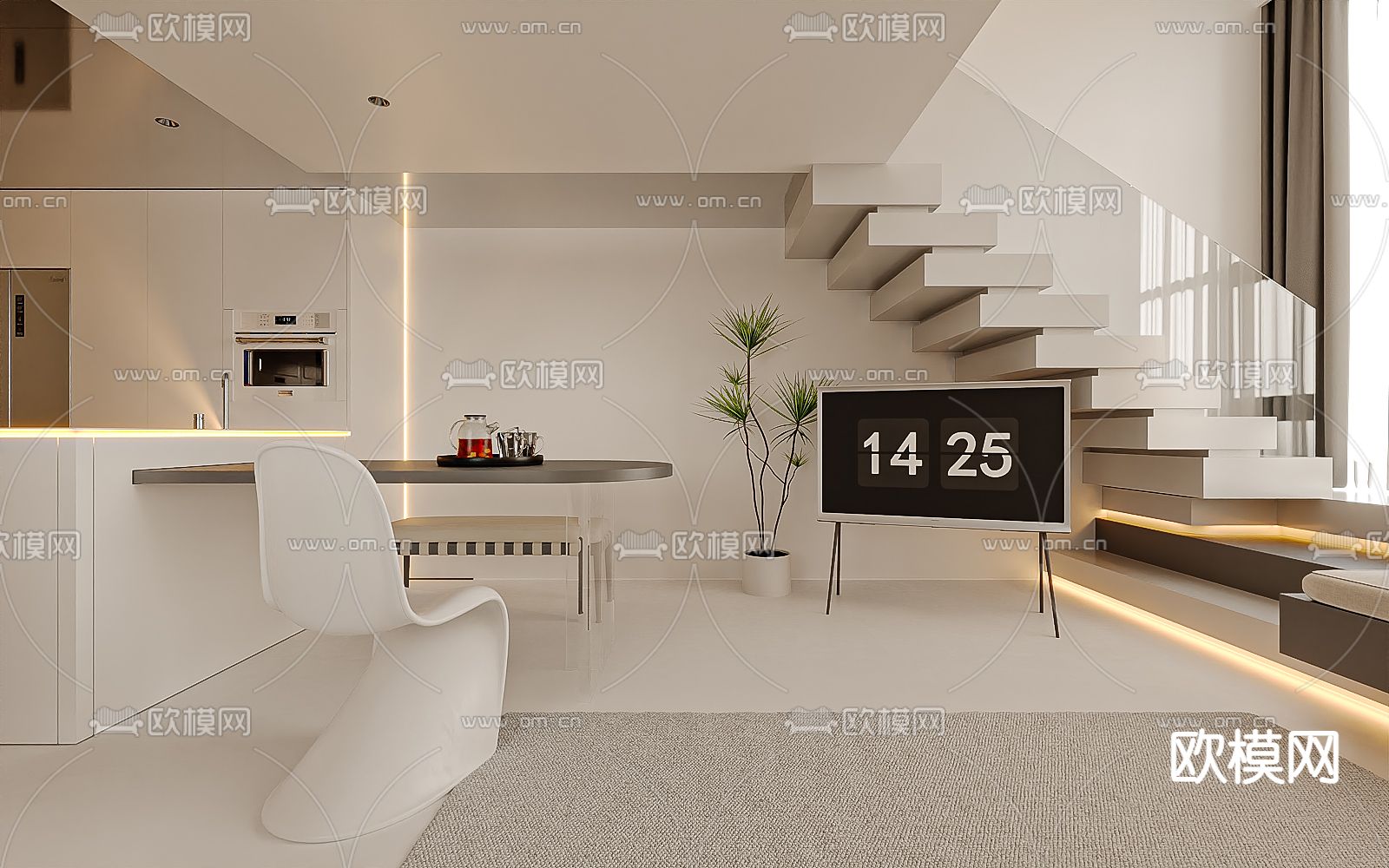 奶油风LOFT公寓su模型下载（渲染图2）