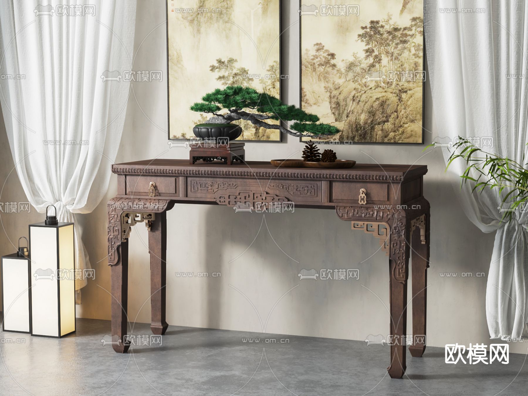 中式雕花玄关台su模型下载（渲染图1）