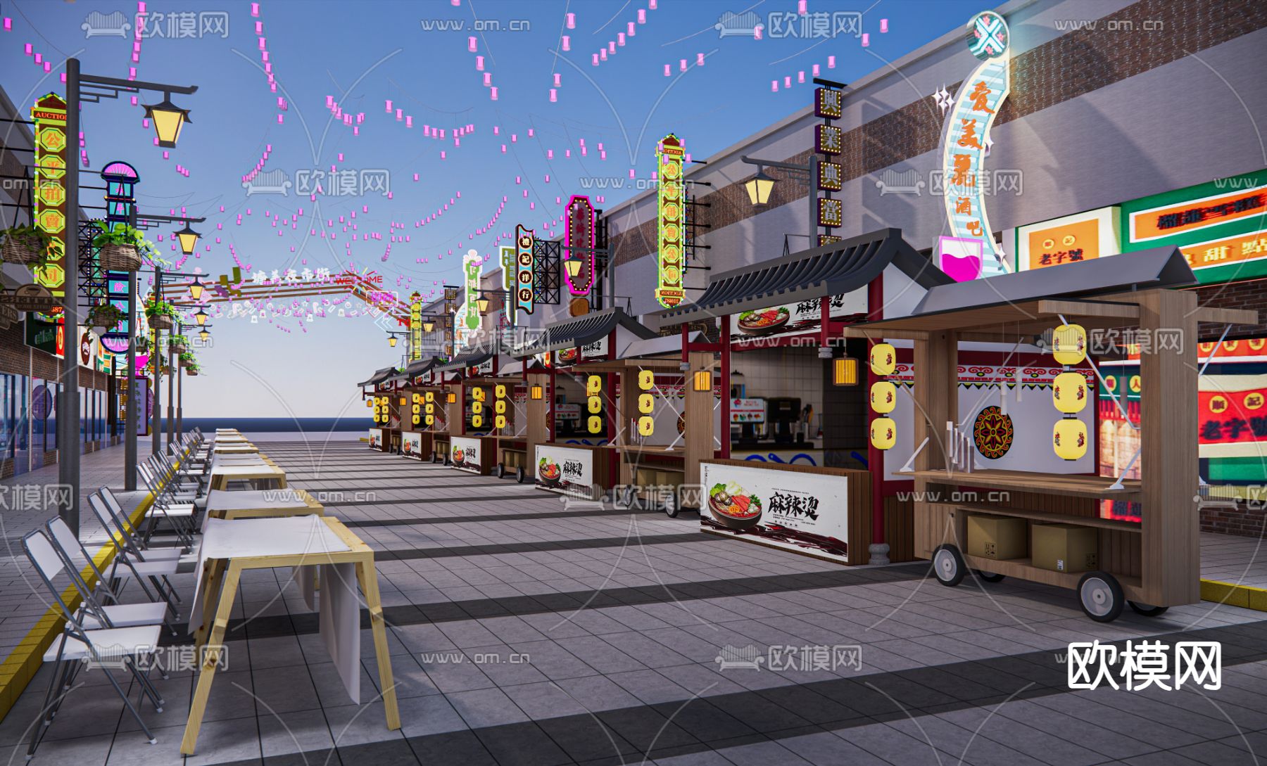 小吃街 商业街区su模型下载（渲染图1）