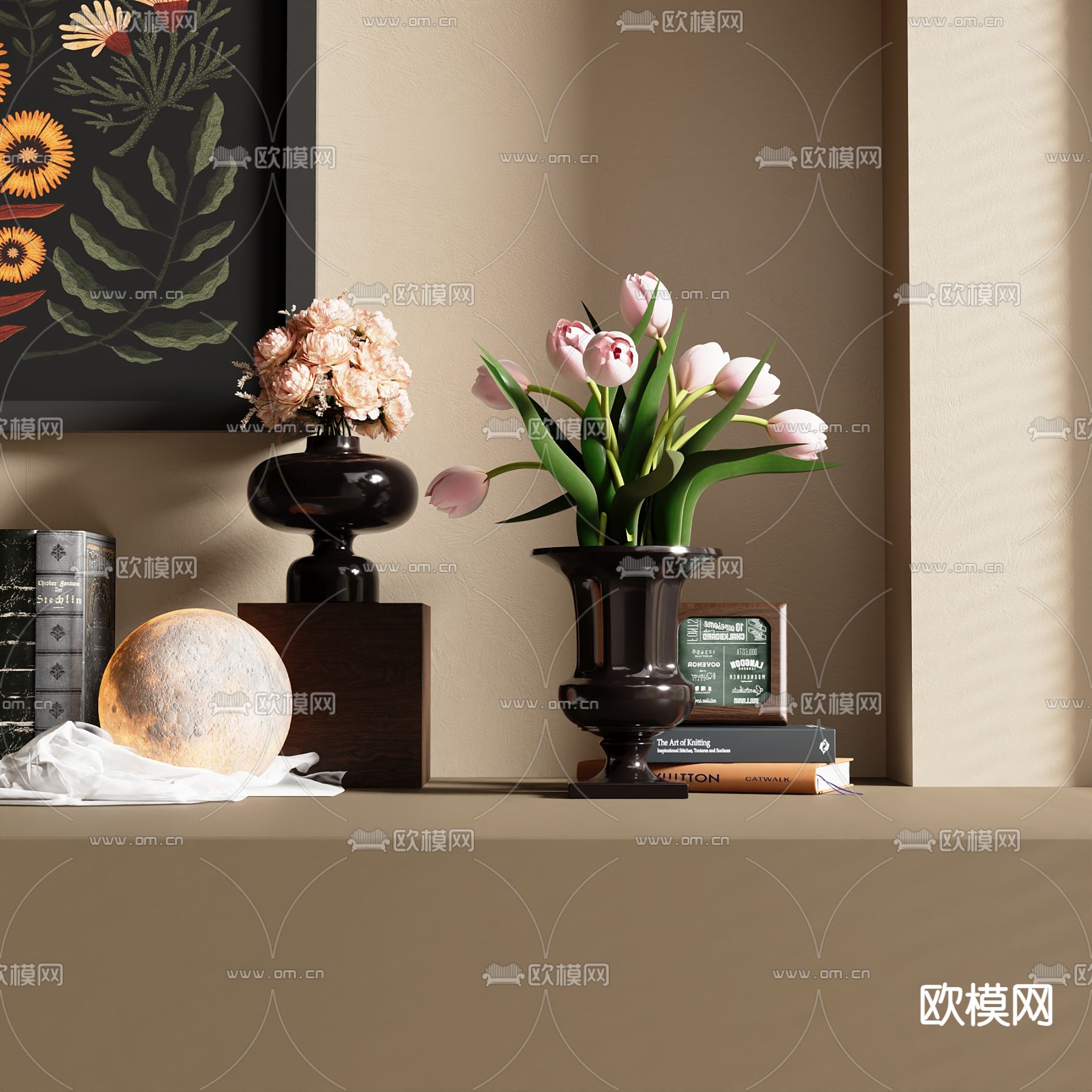 中古风花瓶 花卉 鲜花 郁金香 插花3d模型下载