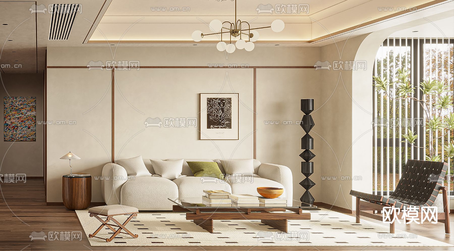 中古风客餐厅su模型下载（渲染图1）