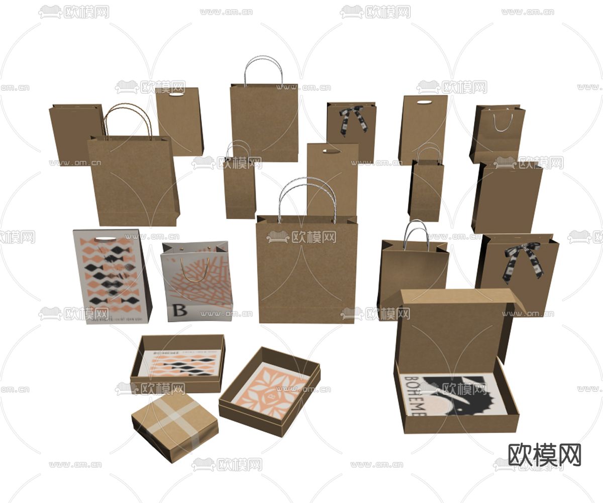 现代手提袋 纸盒 牛皮纸su模型下载（渲染图2）