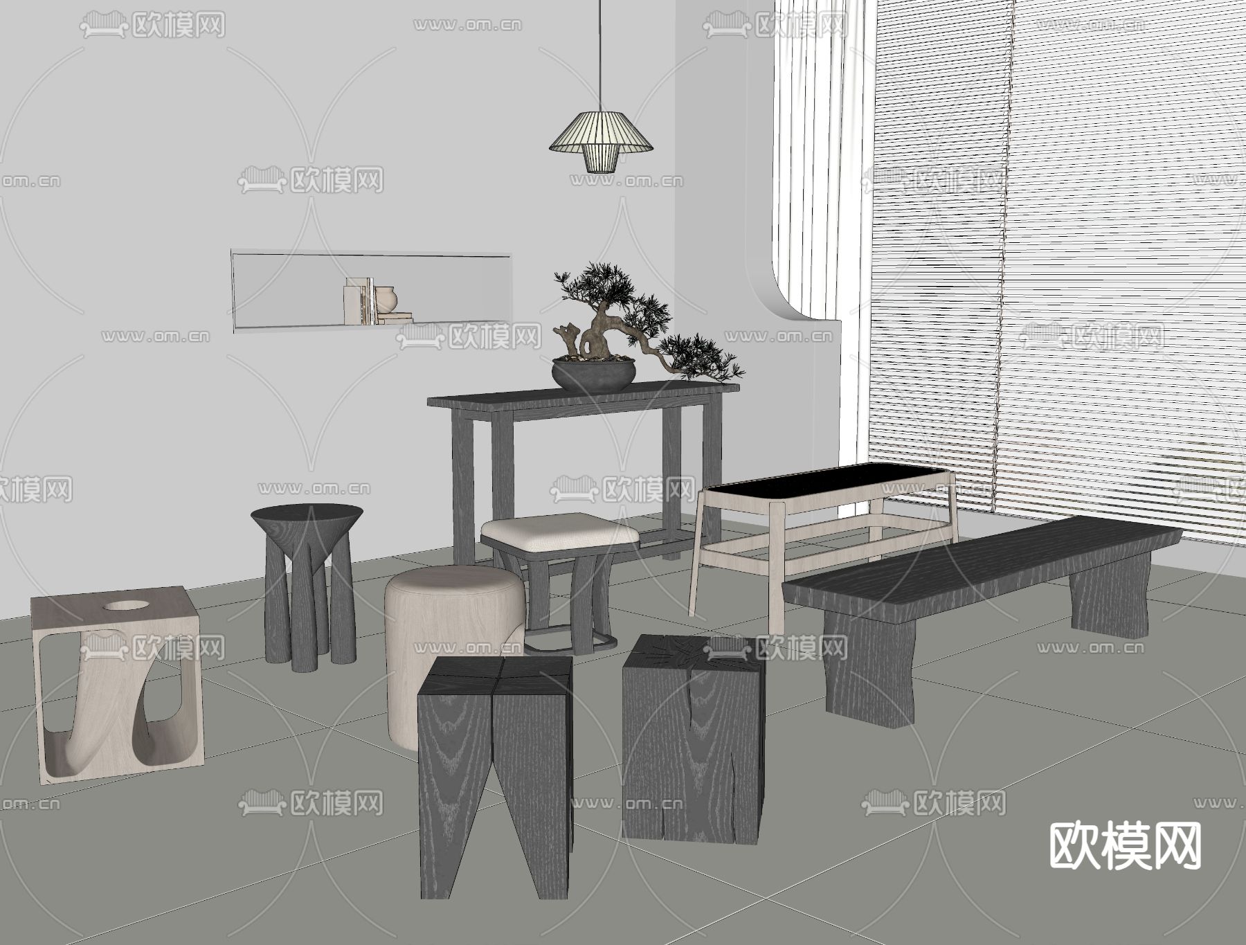 侘寂风木凳su模型下载（渲染图2）