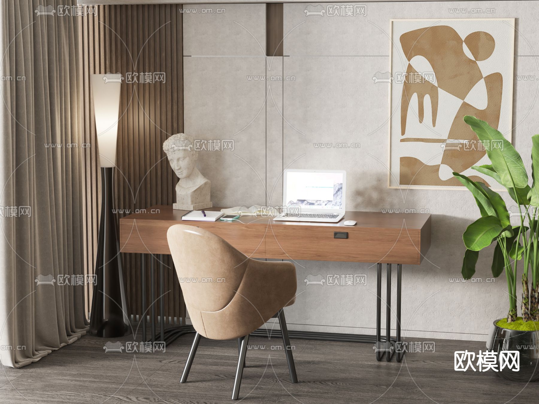 现代书桌椅su模型下载（渲染图1）