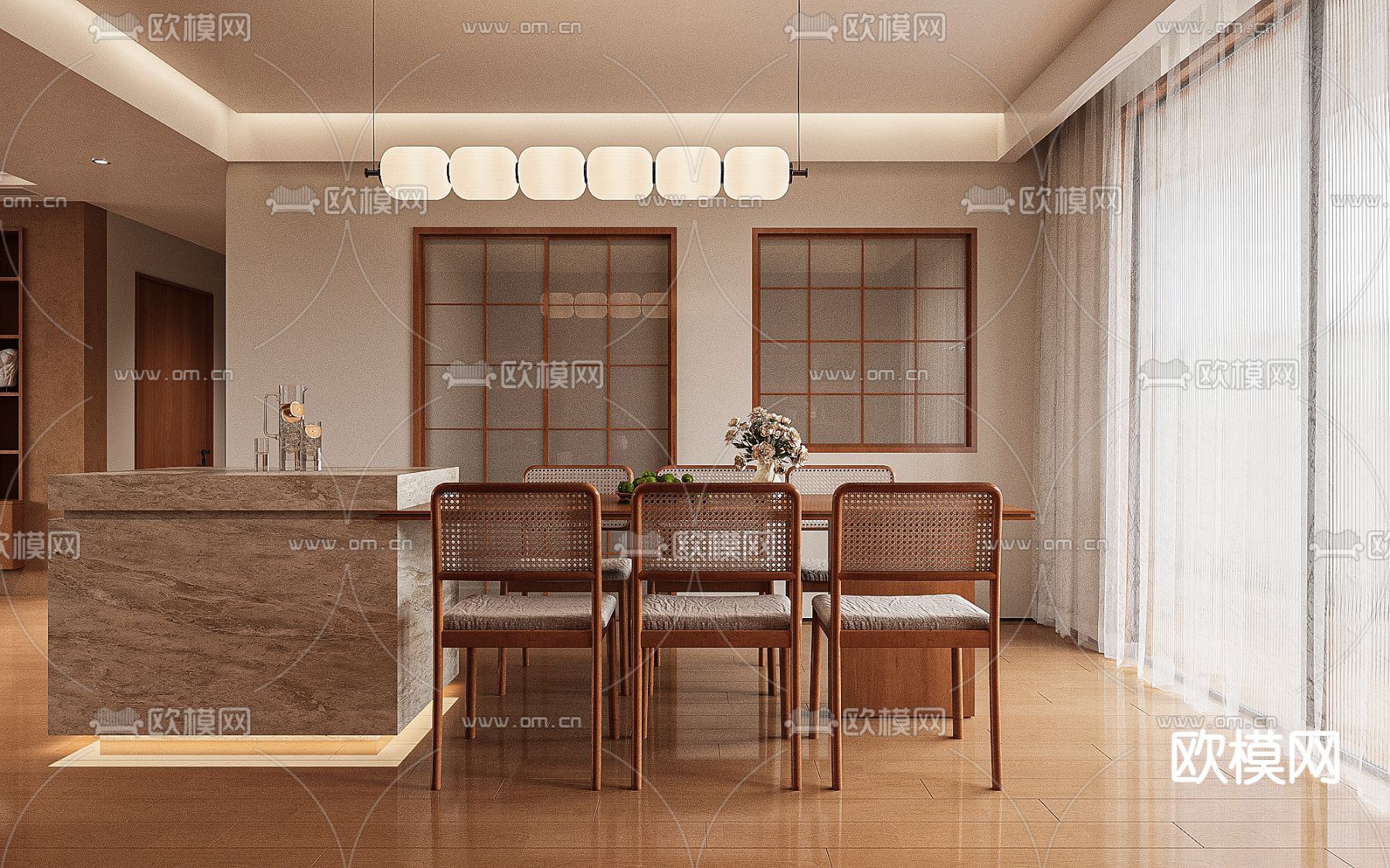 中古风客餐厅su模型下载（渲染图3）