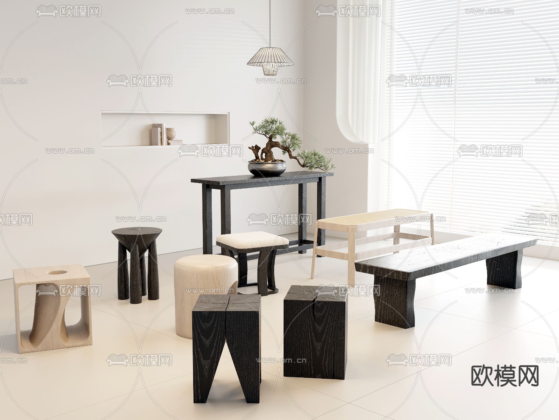 侘寂风木凳su模型下载（渲染图1）