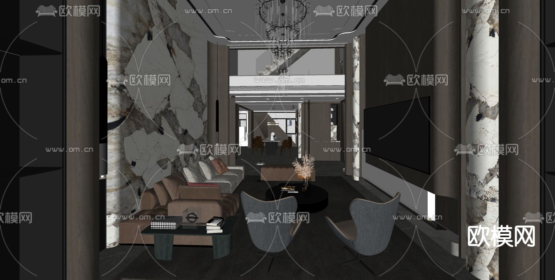 现代别墅客餐厅su模型下载（渲染图2）