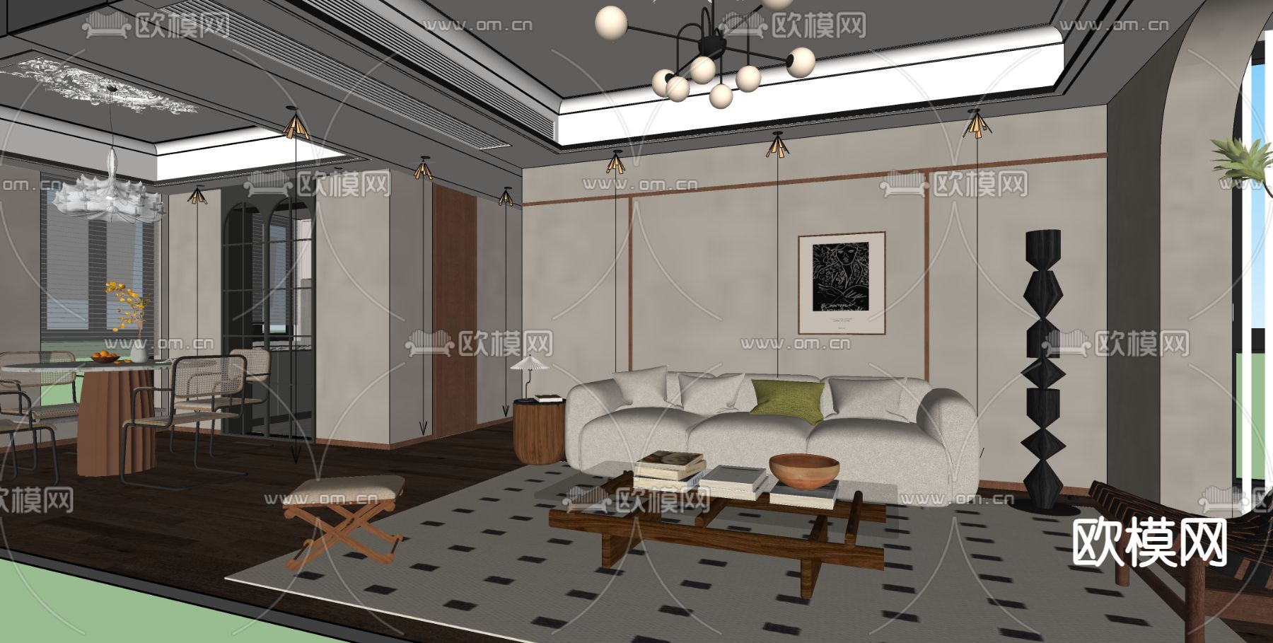 中古风客餐厅su模型下载（渲染图4）
