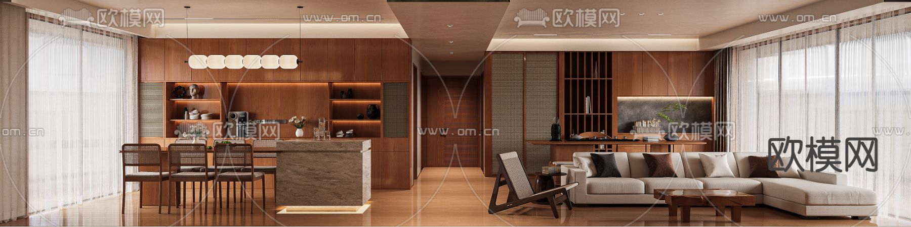 中古风客餐厅su模型下载（渲染图1）