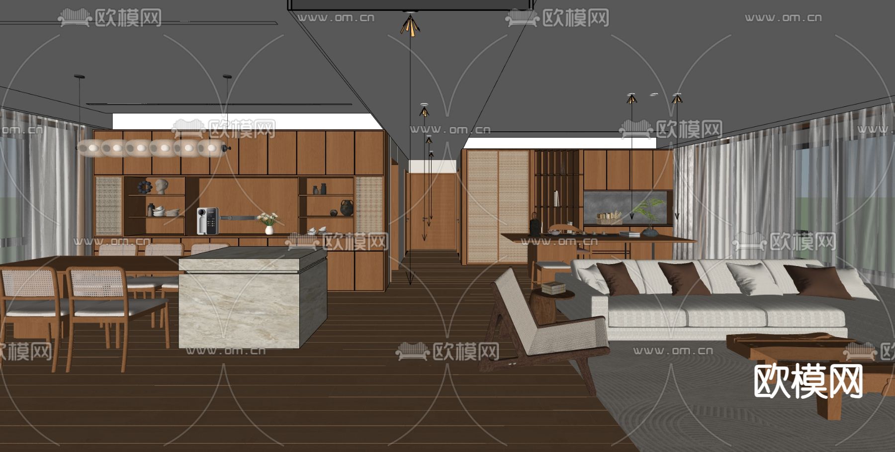 中古风客餐厅su模型下载（渲染图4）