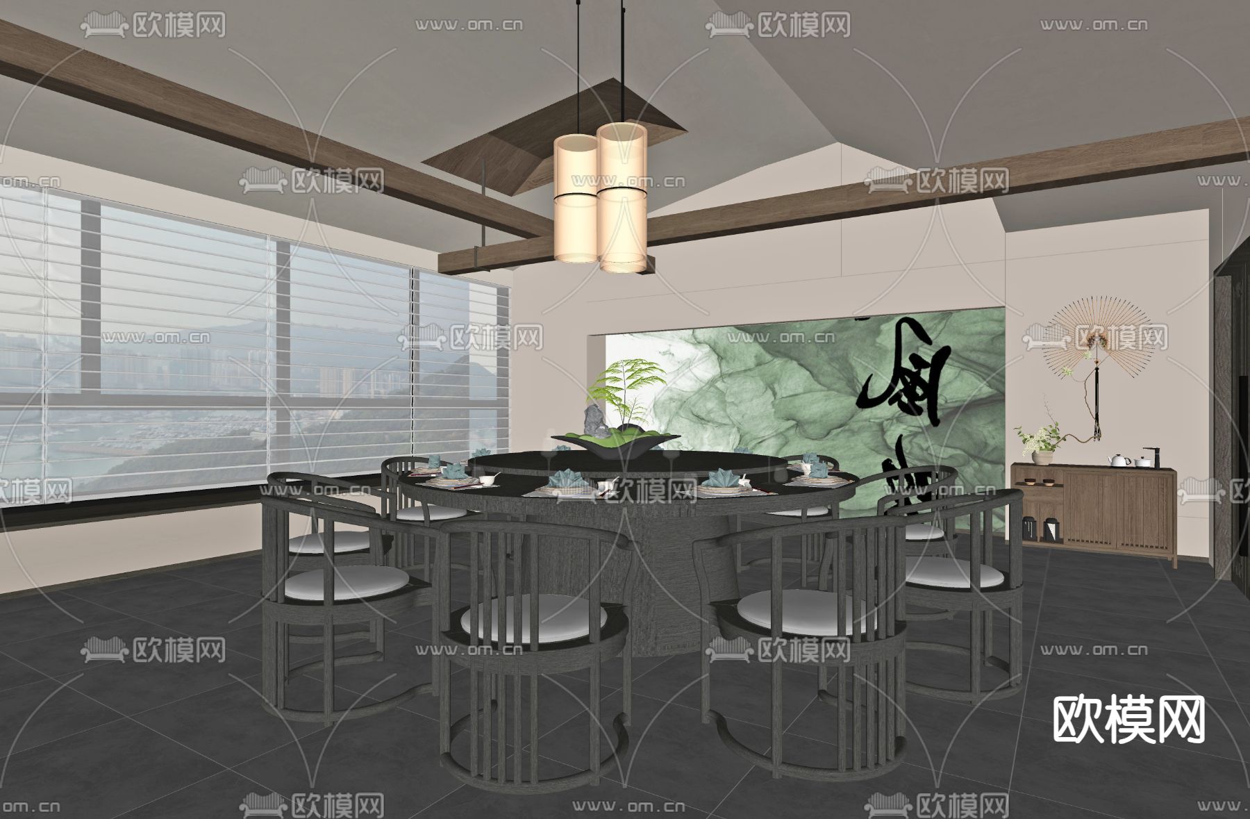 新中式餐厅包厢su模型下载（渲染图2）