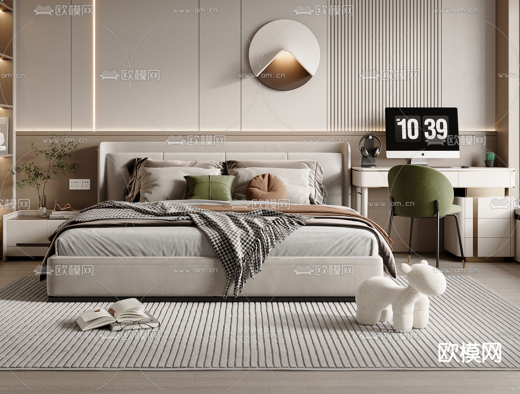 现代双人床su模型下载（渲染图1）