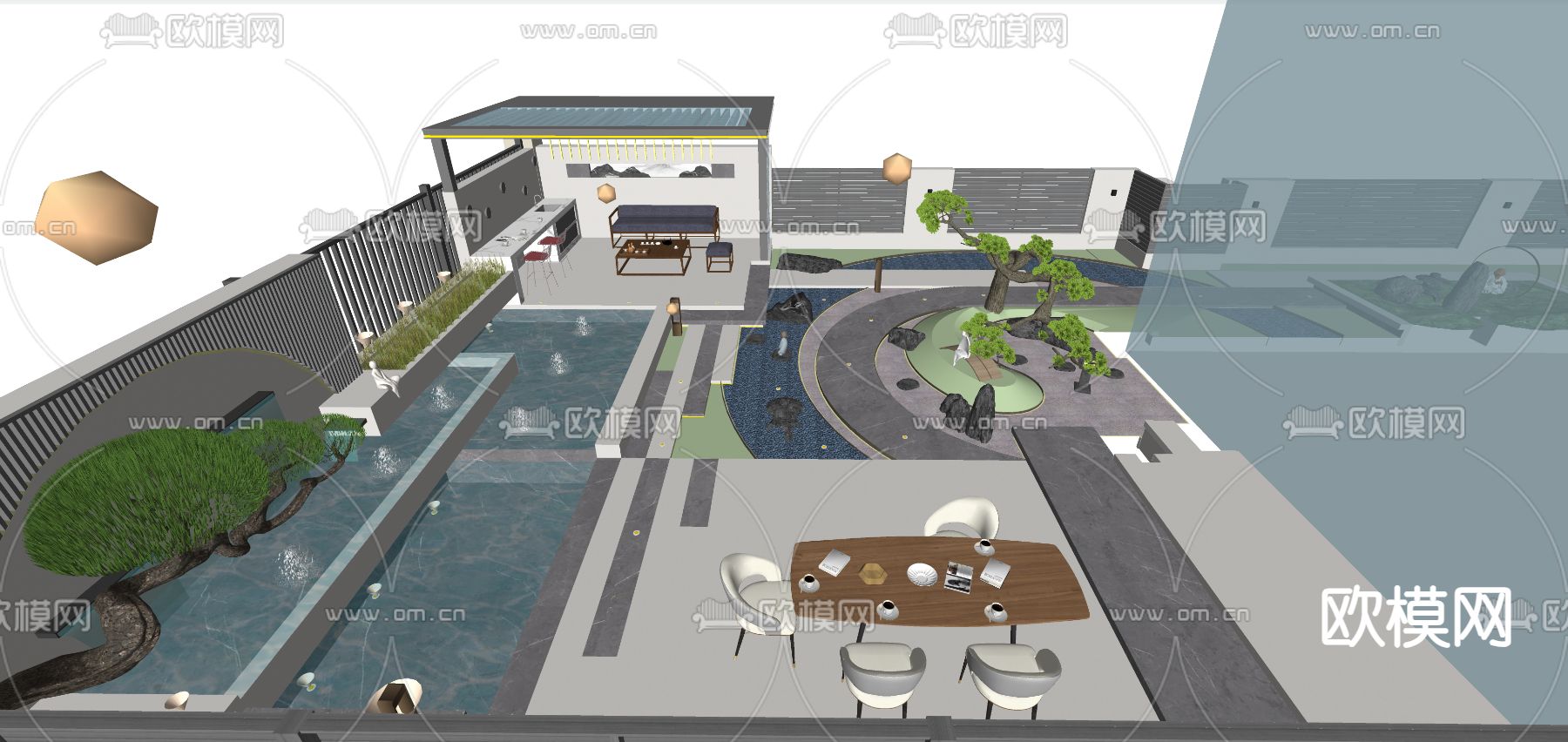 新中式庭院花园su模型下载（渲染图3）