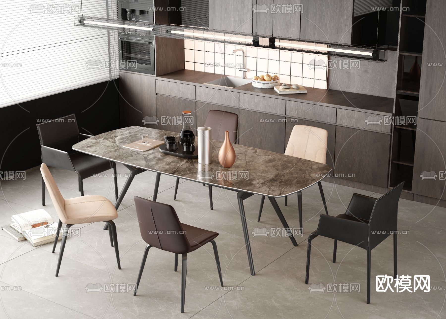 长条餐桌椅3d模型下载