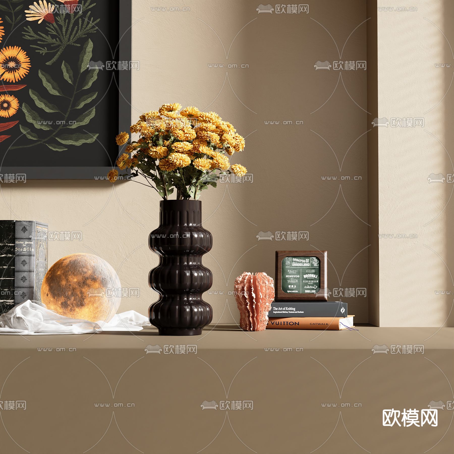 中古风花瓶 花卉 雏菊 插花3d模型下载