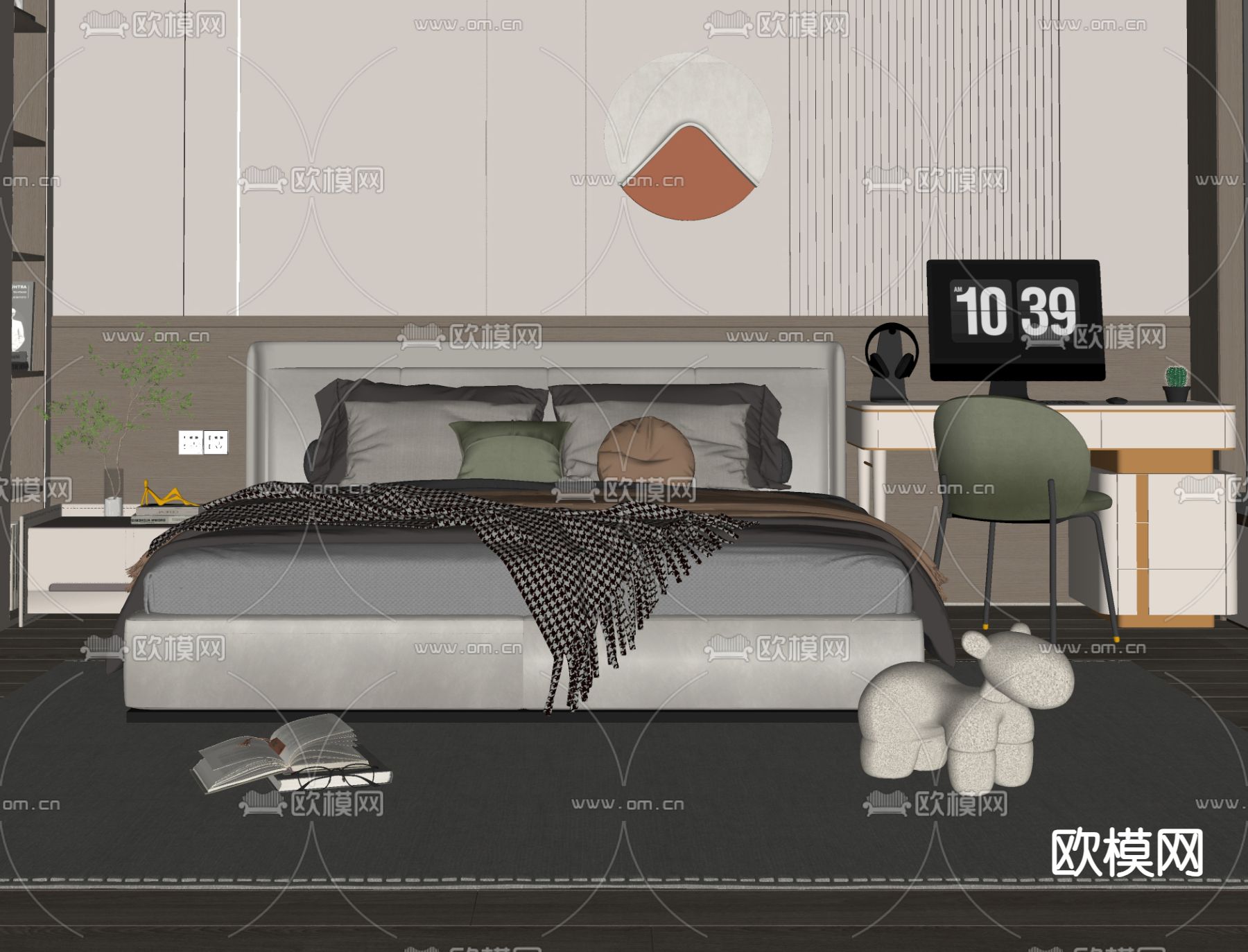 现代双人床su模型下载（渲染图2）