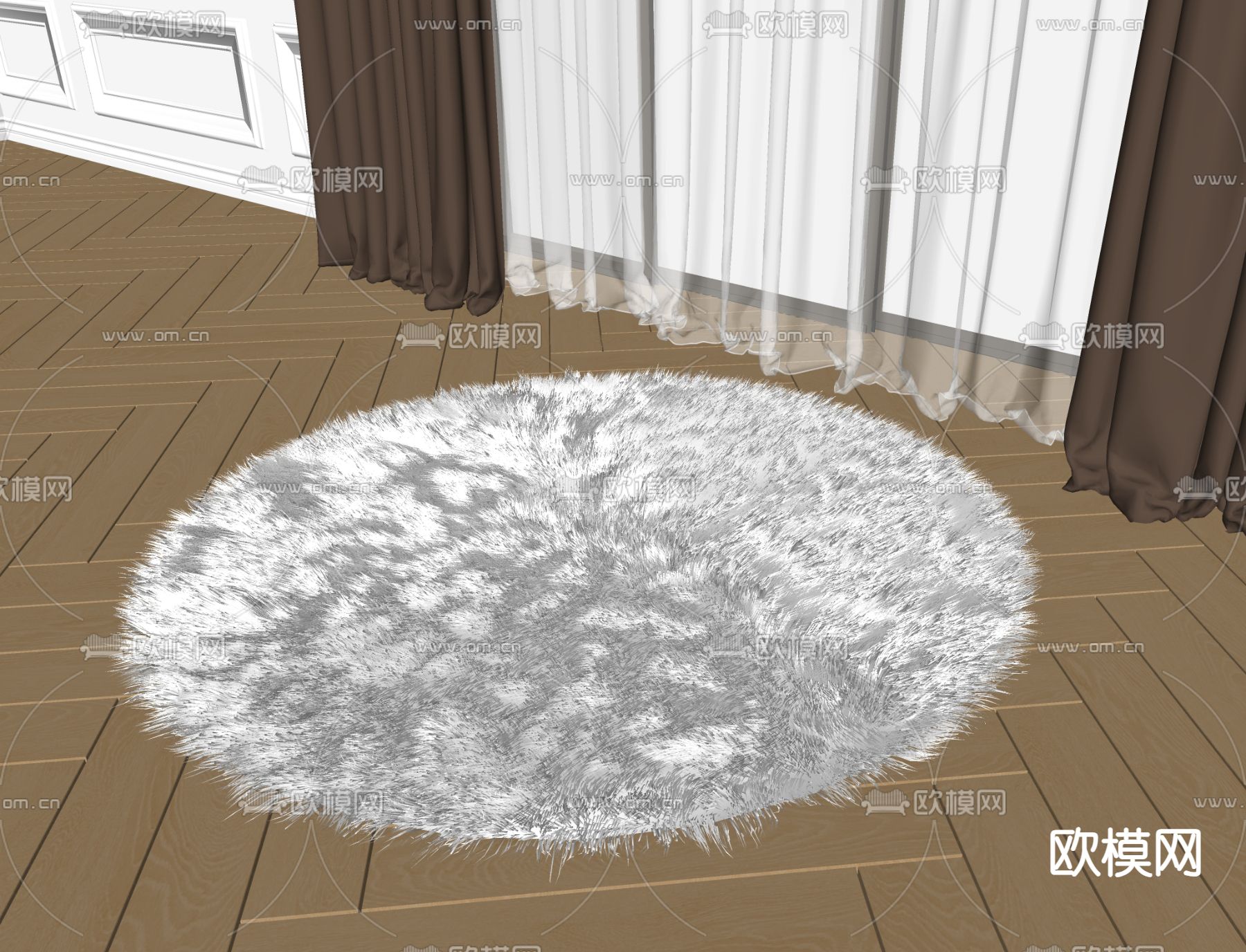 现代毛绒圆地毯su模型下载（渲染图2）