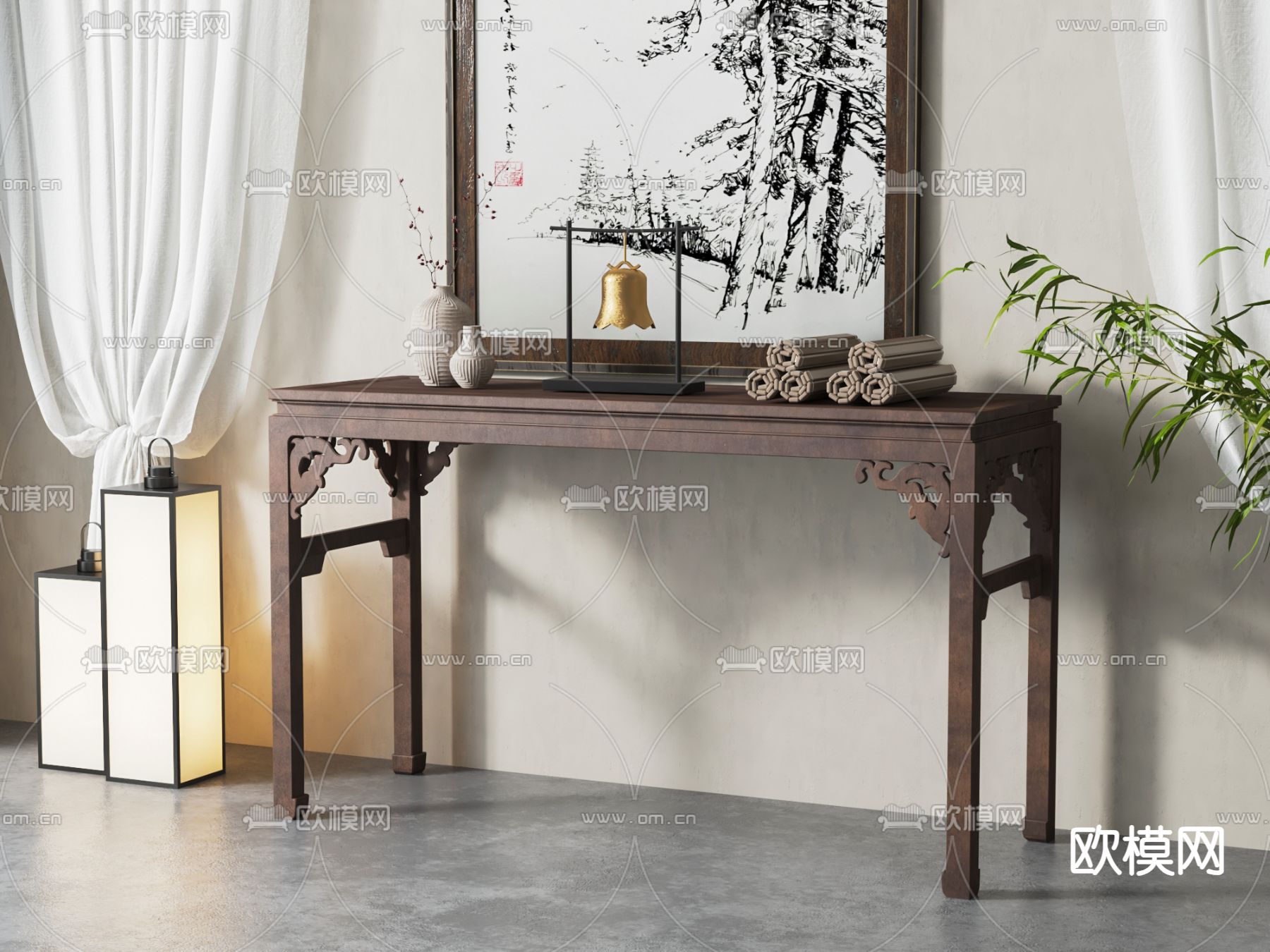 中式端景台 条案3d模型下载