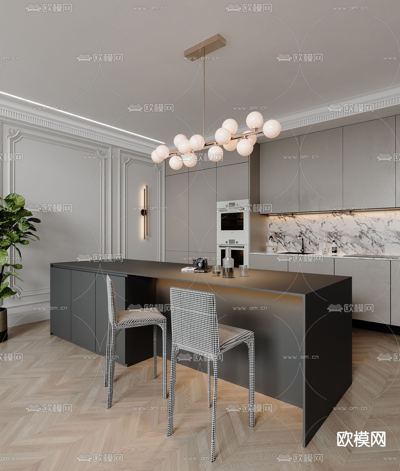 中岛厨房 橱柜3d模型下载_ID14270438_3dmax免费模型-欧模网