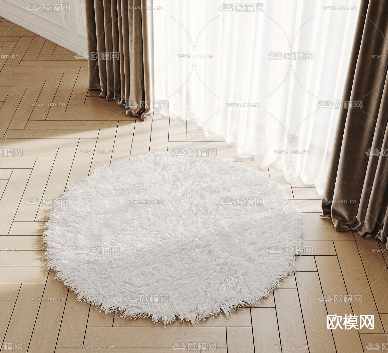 现代毛绒圆地毯su模型下载（渲染图1）