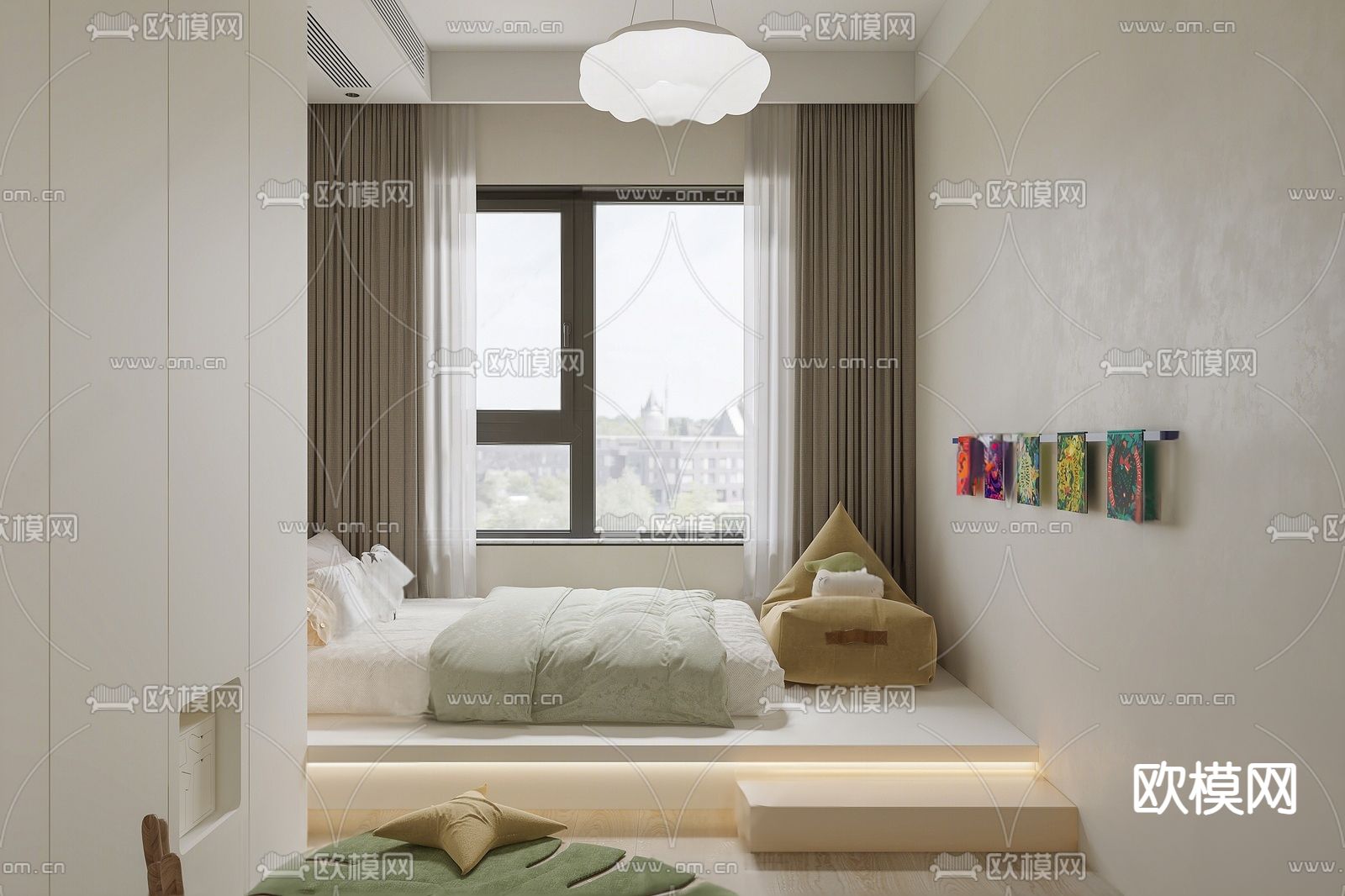 奶油风儿童房su模型下载（渲染图1）