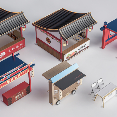  小吃摊位 网红摊位su模型 