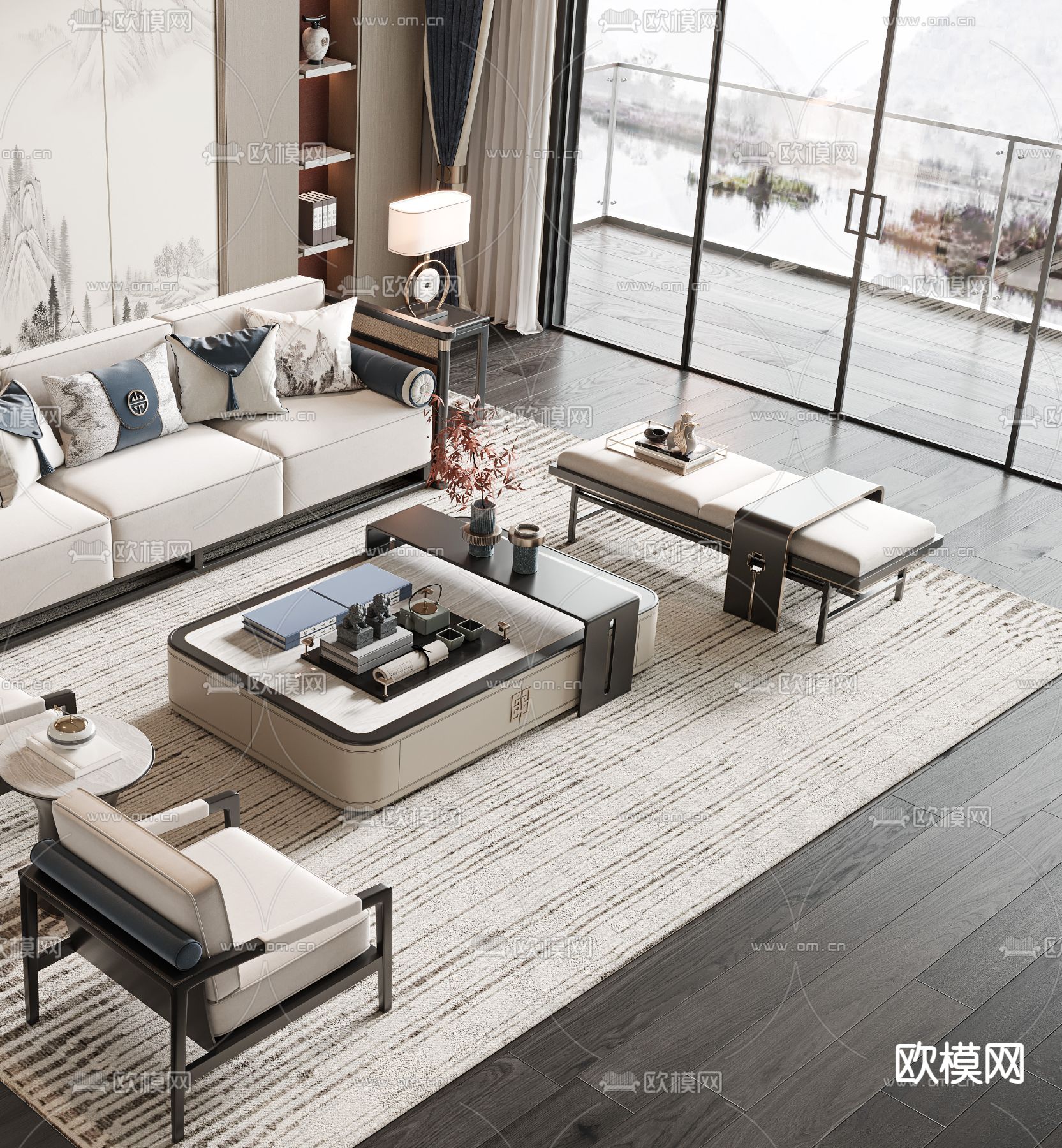 新中式组合沙发3d模型下载（渲染图3）