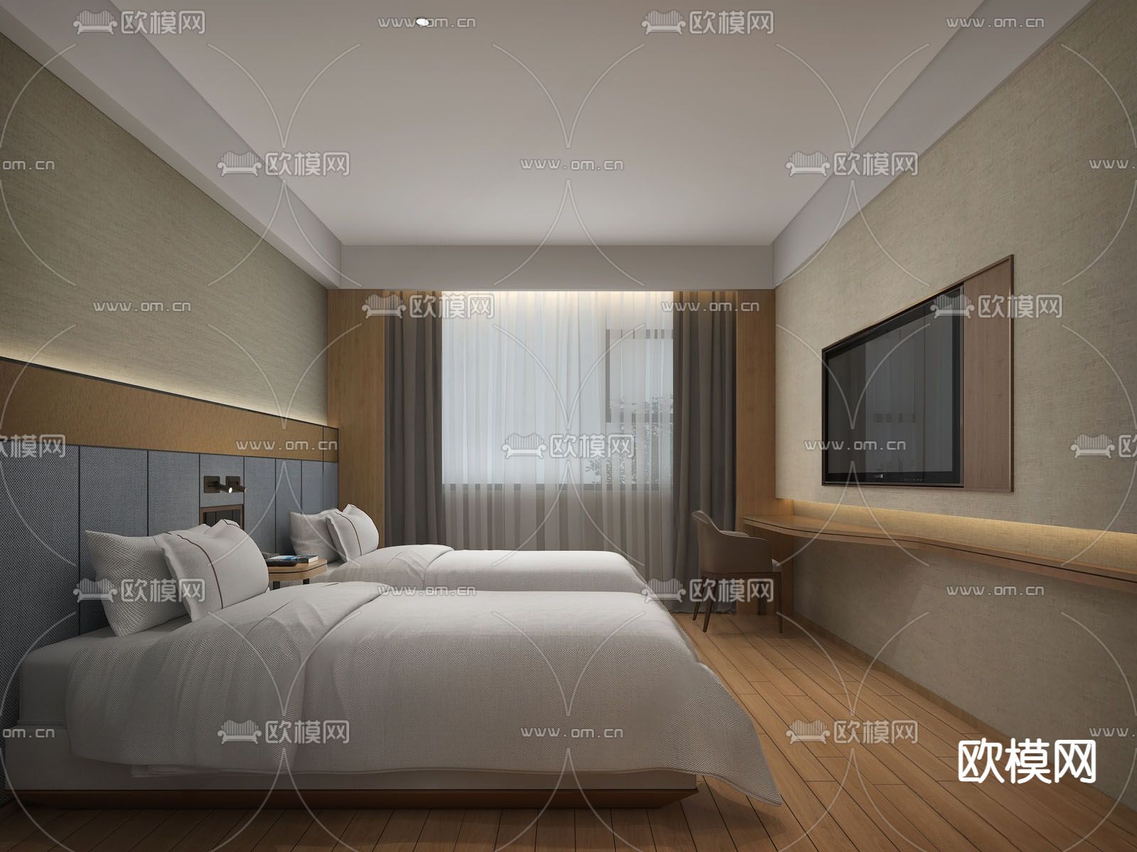 现代酒店客房su模型下载（渲染图1）